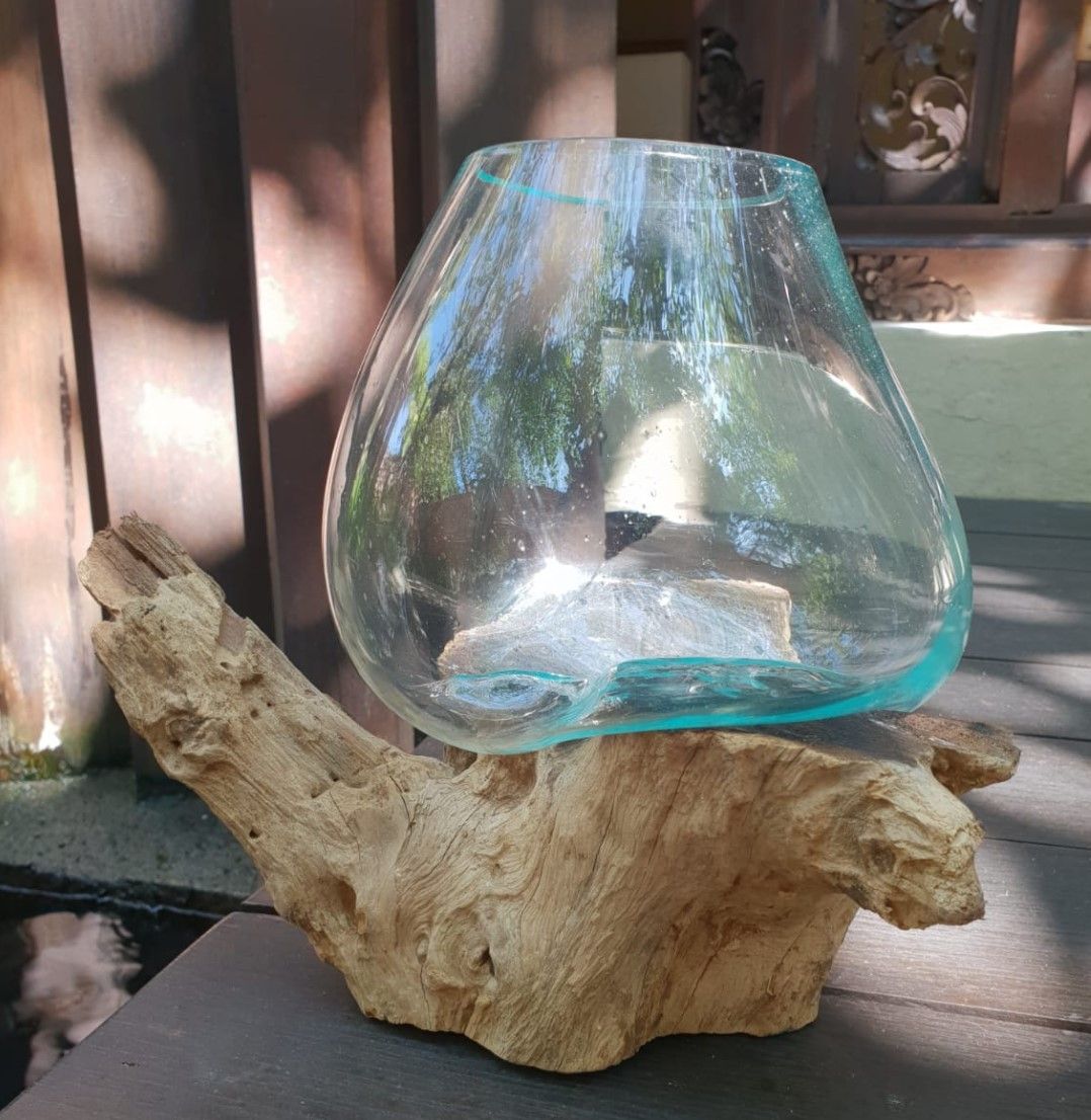 Molten Glass Large Bowl on Driftwood | Handmade in Bali | 18x18x22cm | New
