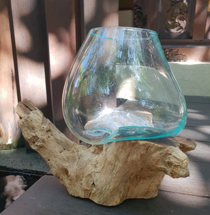 Molten Glass Large Bowl on Driftwood | Handmade in Bali | 18x18x22cm | New