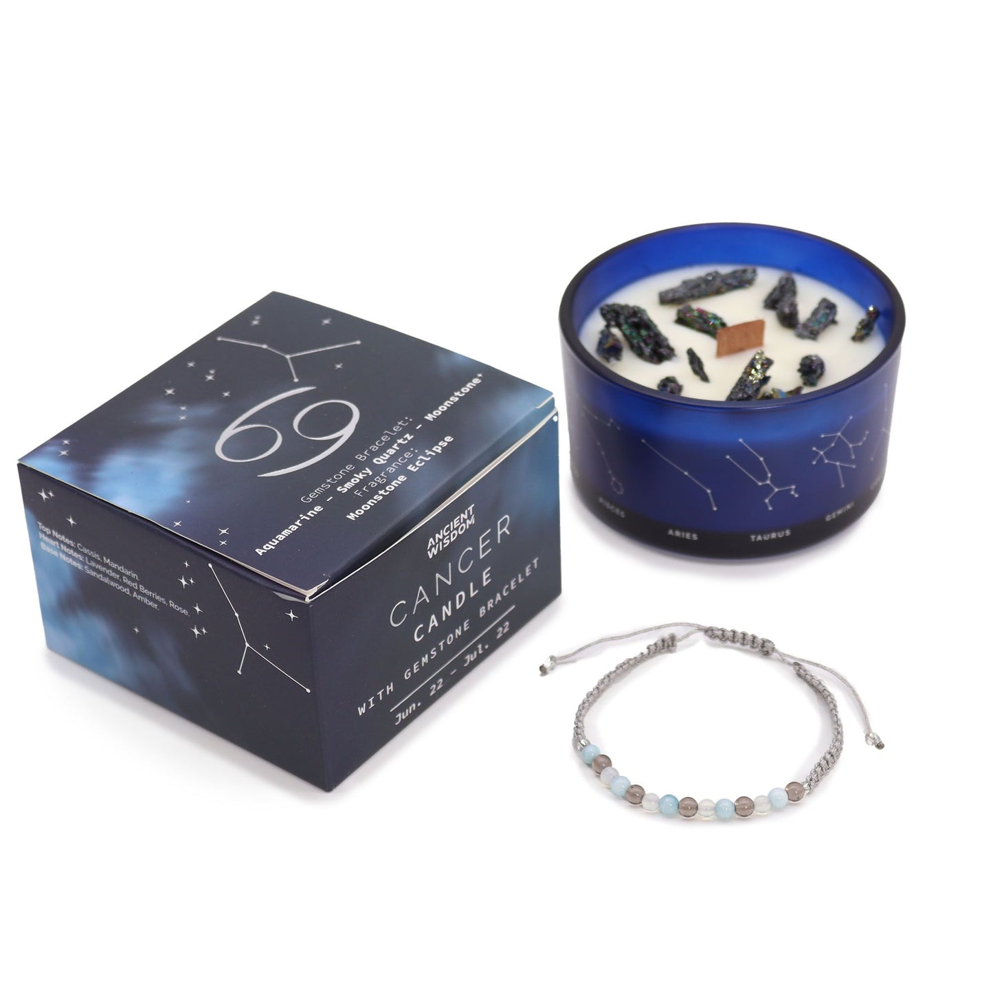 Cancer Zodiac Crystal Candle with Gemstone Bracelet | Soy Wax | Aquamarine | Smoky Quartz | Moonstone | Wooden Crackle Wick | Peruvian Pyrite