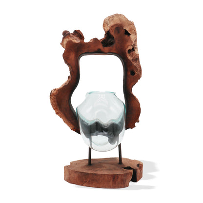Molten Glass Hanging Art Vase on Driftwood | Handmade in Bali | 26x40x15cm | New