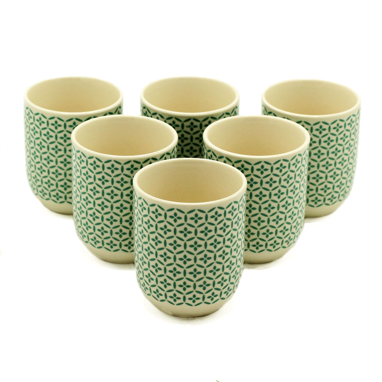 Green Mosaic Ceramic Herbal Tea Cup Set of 6 | Handleless Artisan Style | Elegant Tea Gift Set