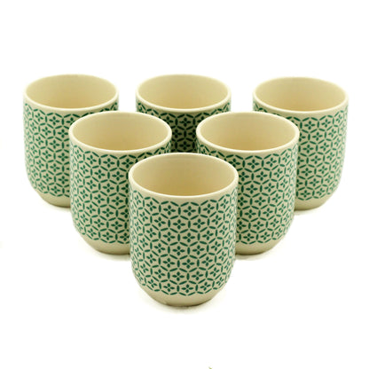 Green Mosaic Ceramic Herbal Tea Cup Set of 6 | Handleless Artisan Style | Elegant Tea Gift Set