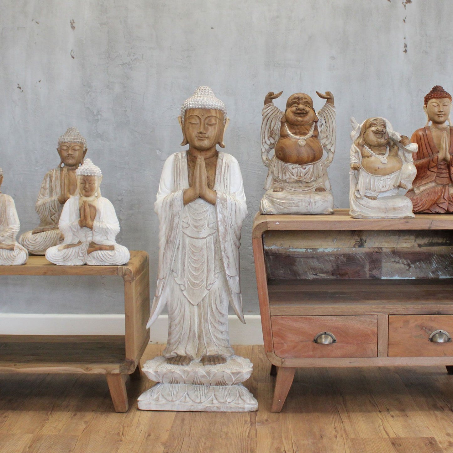 Standing Welcome Buddha Statue | 1m | Hand Carved Suar Wood | Natural Finish | New