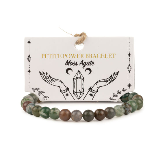 Moss Agate petite power bracelet with 6mm beads on its illustrated presentation card