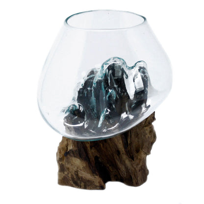 Molten Glass Large Bowl on Driftwood | Handmade in Bali | 18x18x22cm | New
