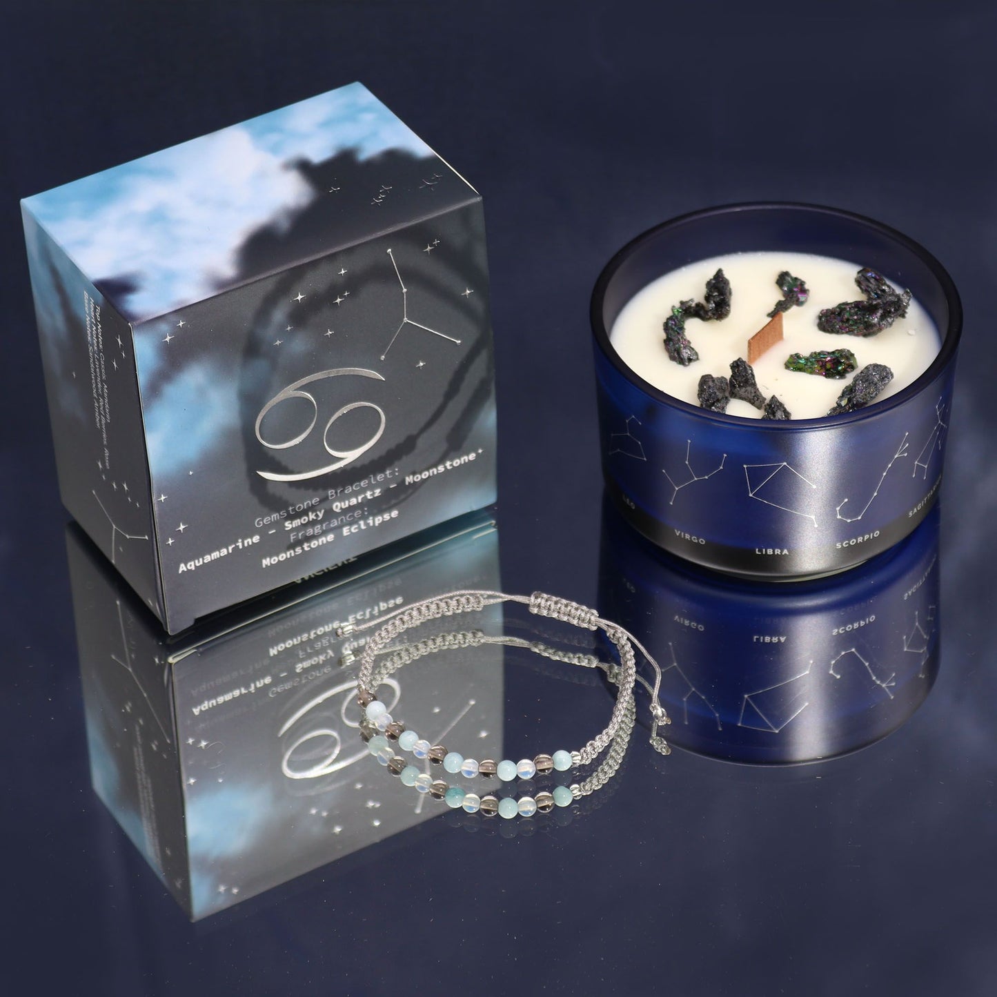 Cancer Zodiac Crystal Candle with Gemstone Bracelet | Soy Wax | Aquamarine | Smoky Quartz | Moonstone | Wooden Crackle Wick | Peruvian Pyrite