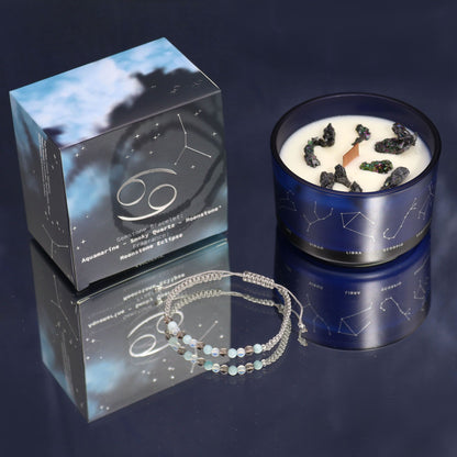 Cancer Zodiac Crystal Candle with Gemstone Bracelet | Soy Wax | Aquamarine | Smoky Quartz | Moonstone | Wooden Crackle Wick | Peruvian Pyrite