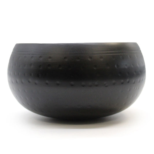 Large black beaten brass singing bowl, 18cm, F4 note 349Hz, with hammered dot texture