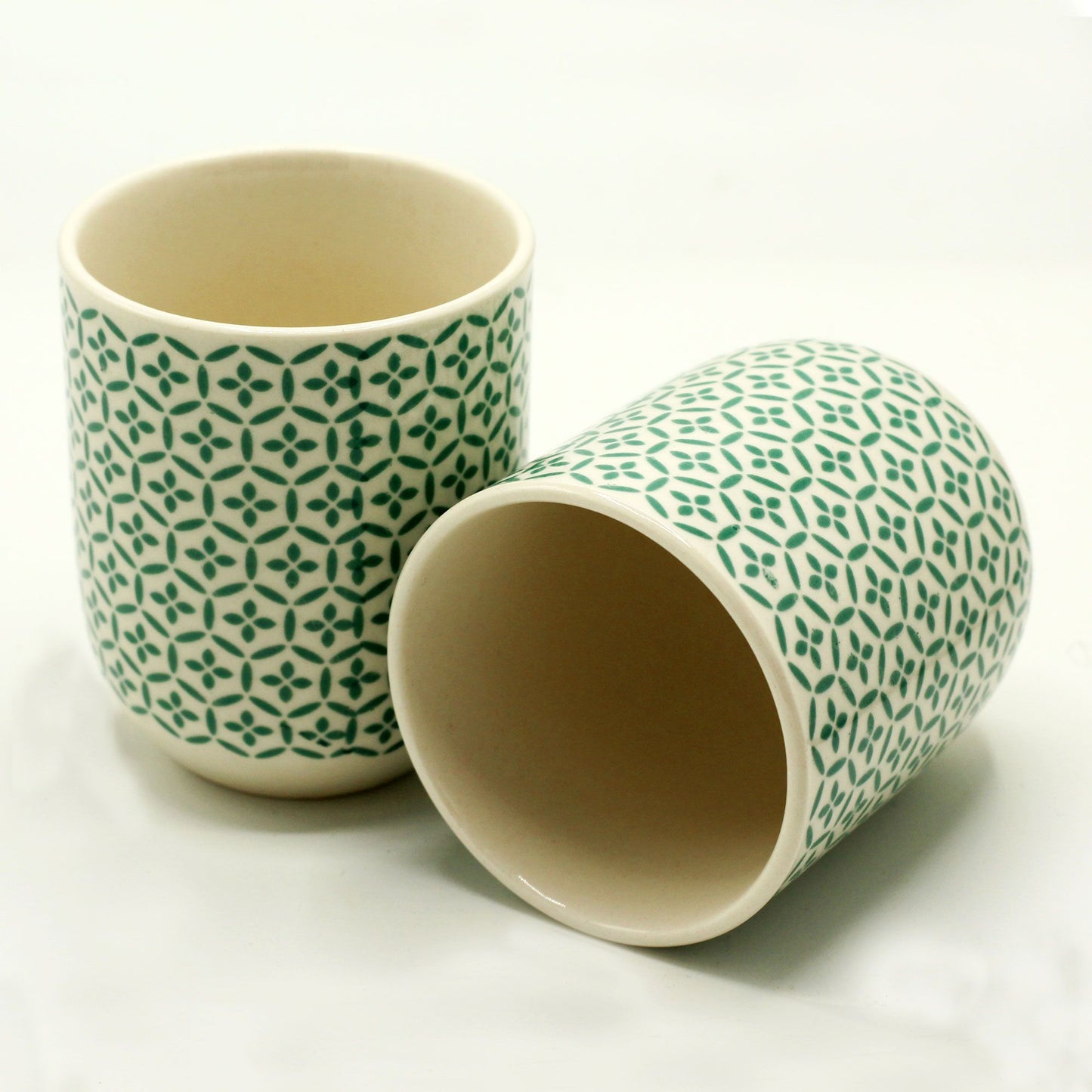 Green Mosaic Ceramic Herbal Tea Cup Set of 6 | Handleless Artisan Style | Elegant Tea Gift Set