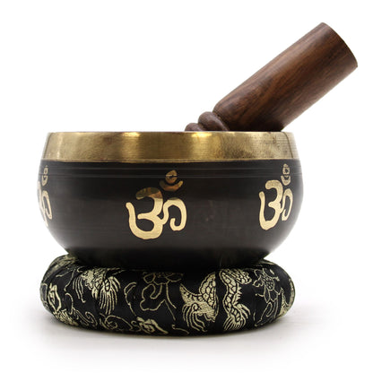 Yoga Om Singing Bowl Set | Engraved Brass | Mallet and Cushion | New