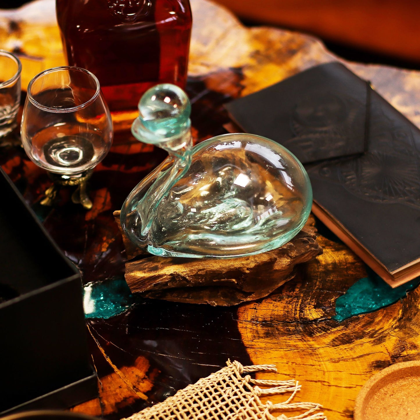 Molten Glass Duck Decanter on Driftwood with Stopper | Handmade in Bali | 19x17x14cm | New