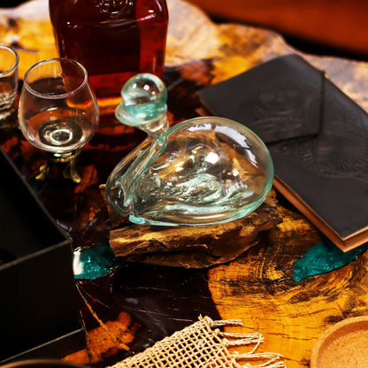 Molten Glass Duck Decanter on Driftwood with Stopper | Handmade in Bali | 19x17x14cm | New