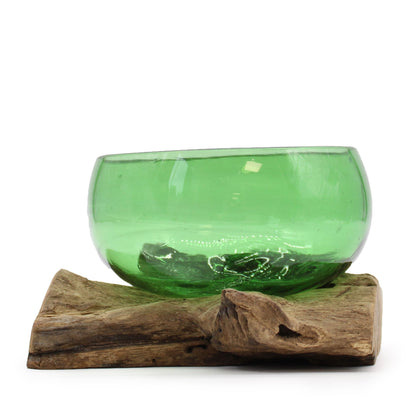 Recycled Beer Bottle Wide Bowl on Driftwood | Handmade Recycled Glass | 17x11x20cm | New