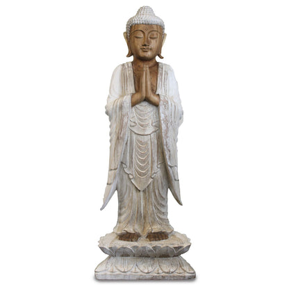 Standing Welcome Buddha Statue | 1m | Hand Carved Suar Wood | Whitewash Finish | New