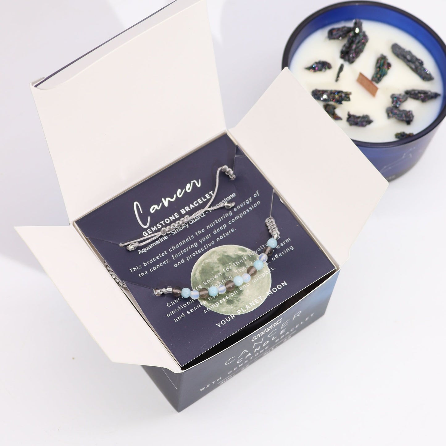 Cancer Zodiac Crystal Candle with Gemstone Bracelet | Soy Wax | Aquamarine | Smoky Quartz | Moonstone | Wooden Crackle Wick | Peruvian Pyrite