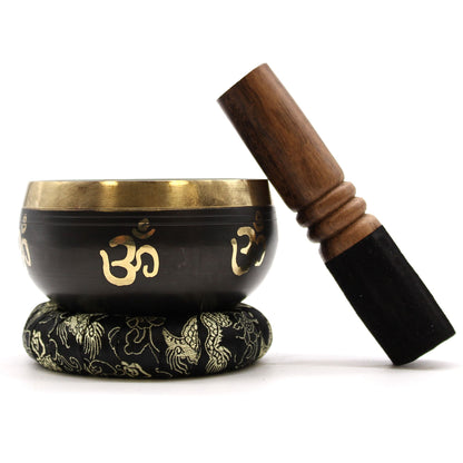 Yoga Om Singing Bowl Set | Engraved Brass | Mallet and Cushion | New