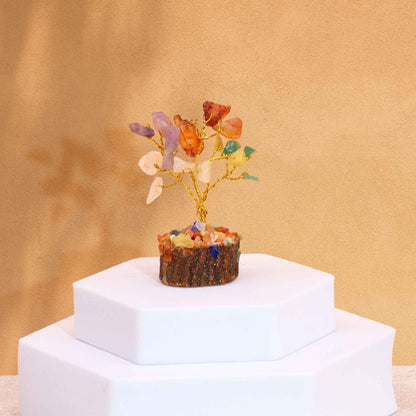 Mini Multi-Stone Gemstone Tree on Wood Base | 15 Stones | 4x3x6cm | New