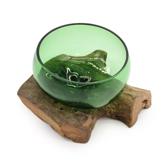 Recycled Beer Bottle Wide Bowl on Driftwood | Handmade Recycled Glass | 17x11x20cm | New