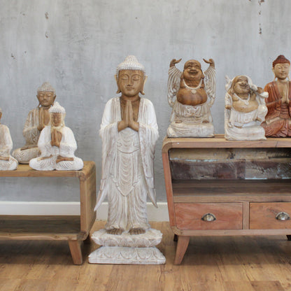 Standing Welcome Buddha Statue | 1m | Hand Carved Suar Wood | Whitewash Finish | New