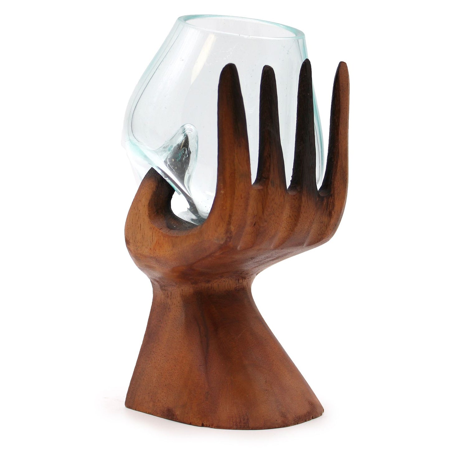 Carved Hand Molten Glass Bowl on Driftwood | Handmade Balinese Art | 23x13cm | 1kg | New