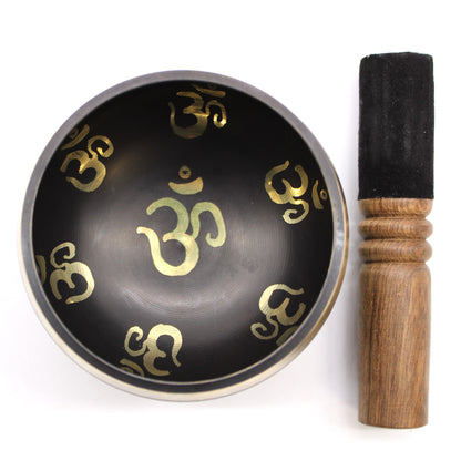 Yoga Om Singing Bowl Set | Engraved Brass | Mallet and Cushion | New