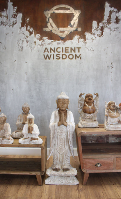 Standing Welcome Buddha Statue | 1m | Hand Carved Suar Wood | Whitewash Finish | New