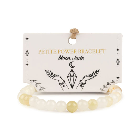 Moon Jade petite power bracelet with 6mm beads on its illustrated presentation card