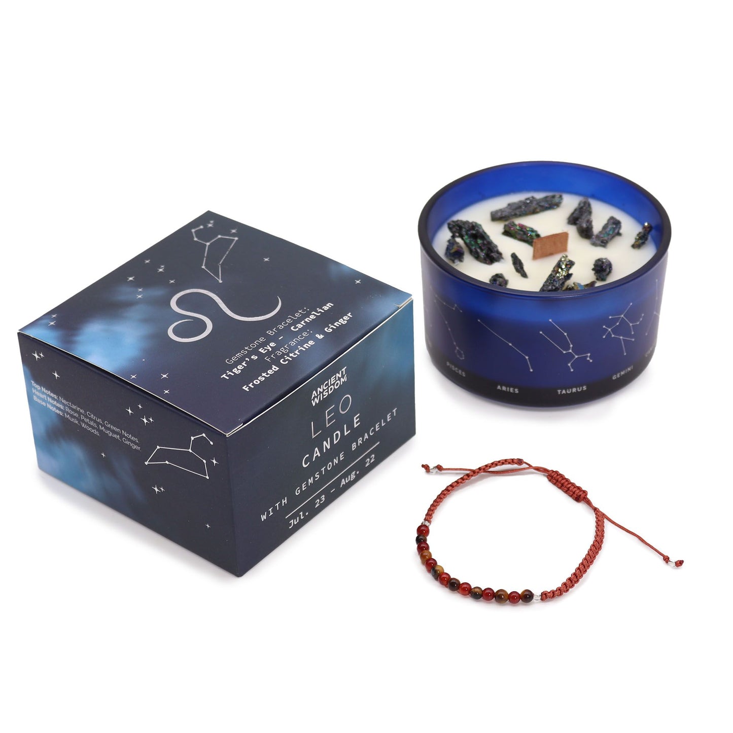 Leo Zodiac Crystal Scented Candle with Gemstone Bracelet | Soy Wax | Tigers Eye and Carnelian | Wooden Crackle Wick | Peruvian Pyrite