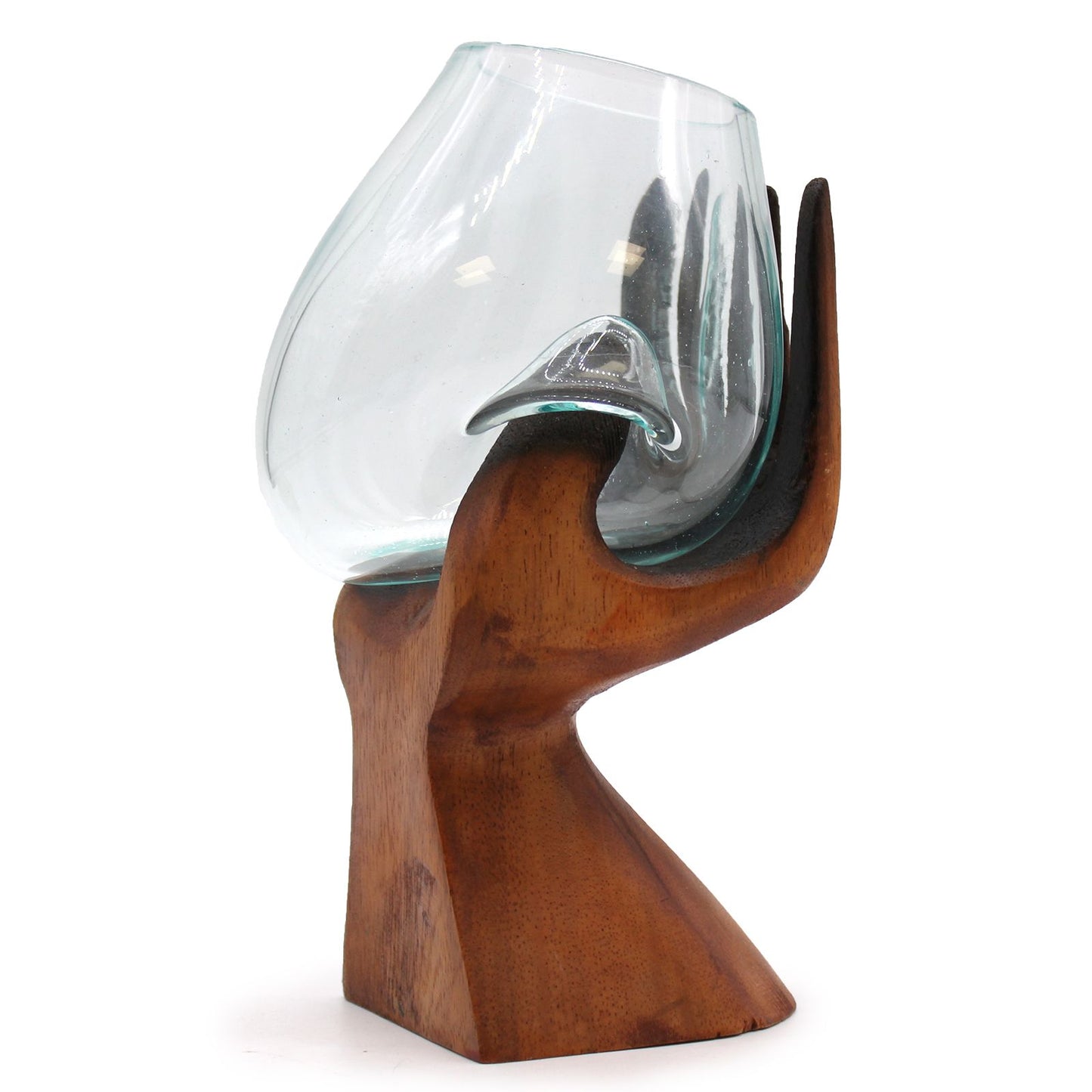 Carved Hand Molten Glass Bowl on Driftwood | Handmade Balinese Art | 23x13cm | 1kg | New