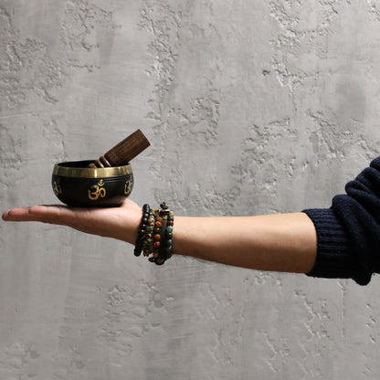 Yoga Om Singing Bowl Set | Engraved Brass | Mallet and Cushion | New