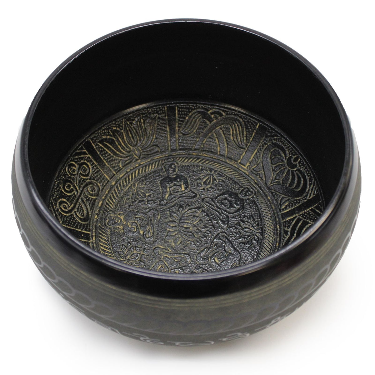 Alternative angle showing the engraved Buddha panels inside the Five Buddha bowl
