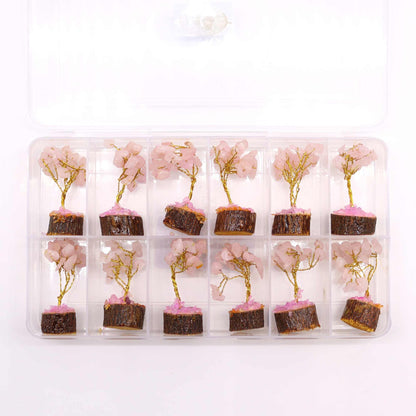 Mini Rose Quartz Gemstone Tree on Wood Base | 15 Stones | 4x3x6cm | New