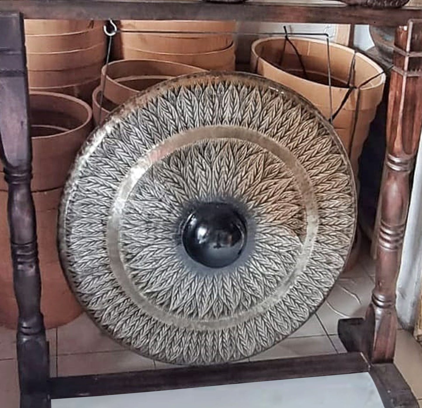 Balinese Healing Gong on Carved Stand | Large | 80cm | Black Pattern | Dragon Stand | New