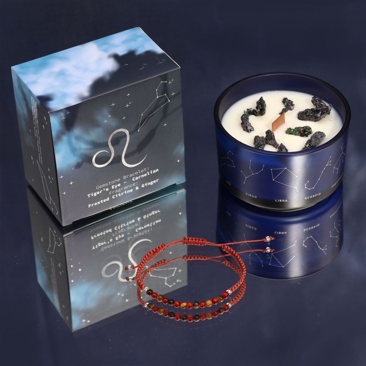 Leo Zodiac Crystal Scented Candle with Gemstone Bracelet | Soy Wax | Tigers Eye and Carnelian | Wooden Crackle Wick | Peruvian Pyrite