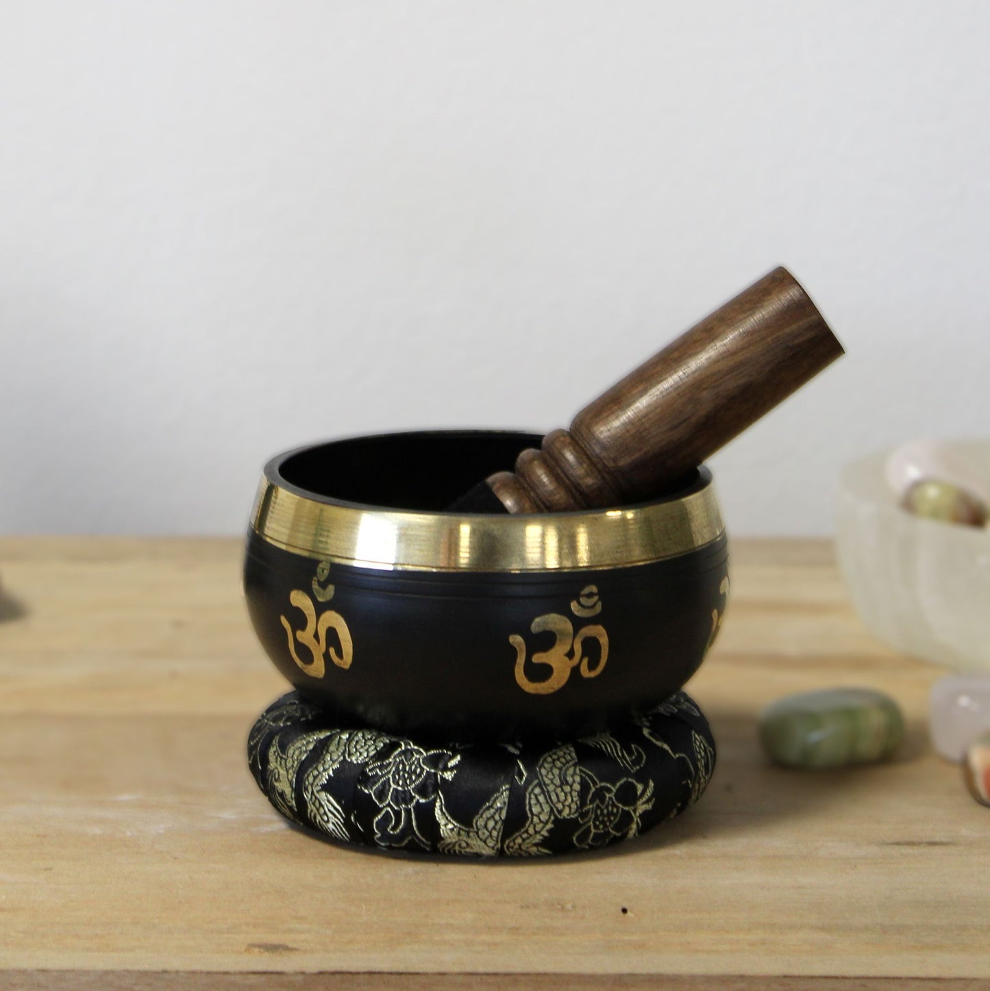 Yoga Om Singing Bowl Set | Engraved Brass | Mallet and Cushion | New