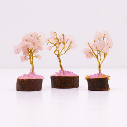 Mini Rose Quartz Gemstone Tree on Wood Base | 15 Stones | 4x3x6cm | New
