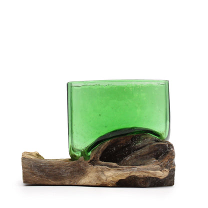 Recycled Beer Bottle Square Bowl on Driftwood | Handmade Recycled Glass | 14x14x10cm | New