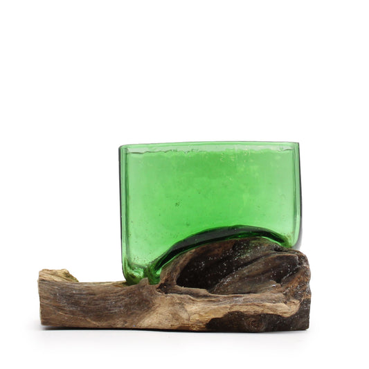 Recycled Beer Bottle Square Bowl on Driftwood | Handmade Recycled Glass | 14x14x10cm | New