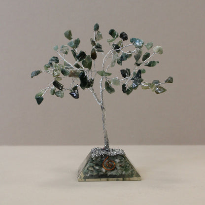 Moss Agate Gemstone Tree with Orgonite Base | 80 Stones | 7x7x15cm | New