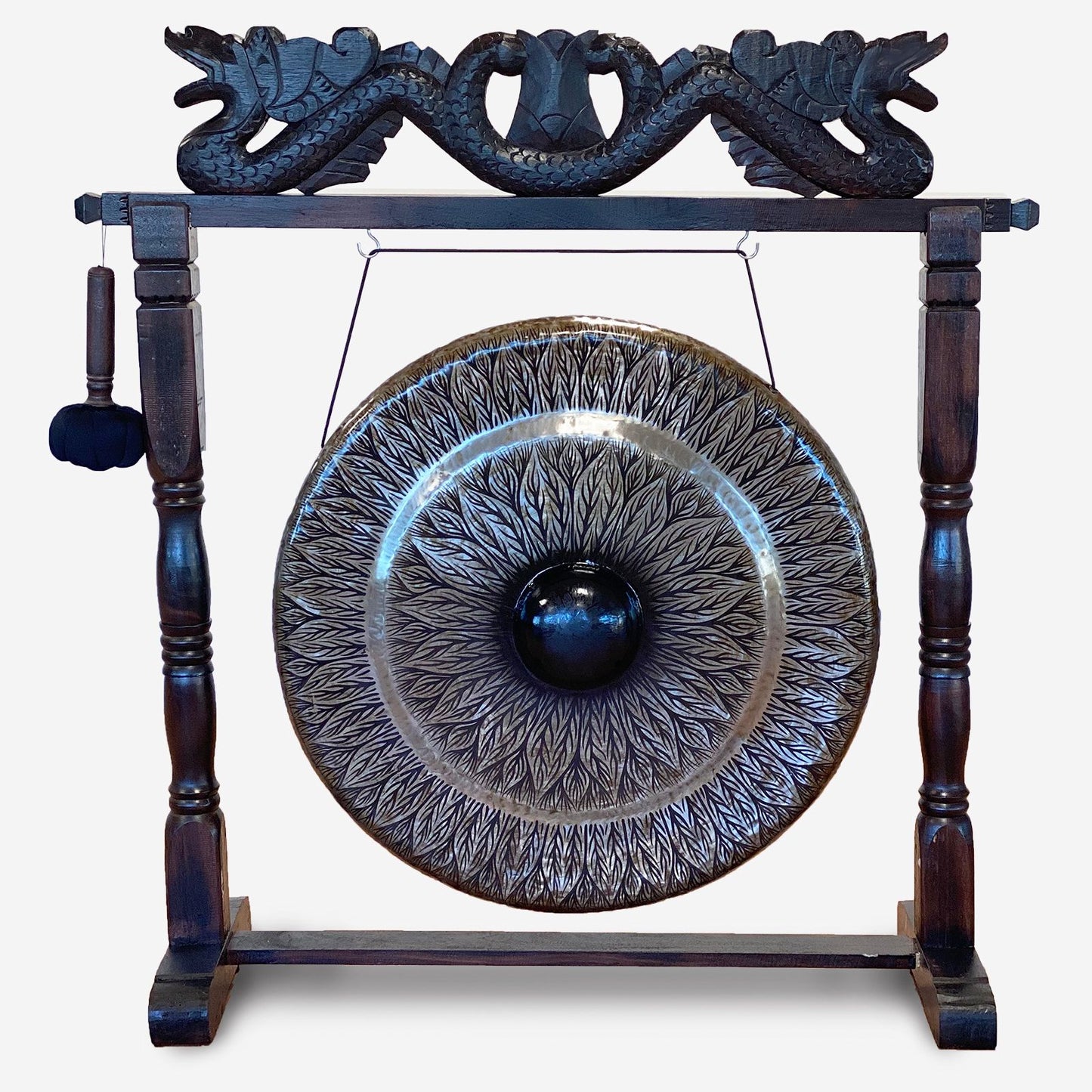 Balinese Healing Gong on Carved Stand | Large | 80cm | Black Pattern | Dragon Stand | New