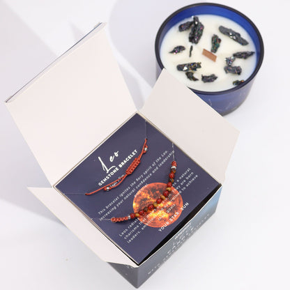 Leo Zodiac Crystal Scented Candle with Gemstone Bracelet | Soy Wax | Tigers Eye and Carnelian | Wooden Crackle Wick | Peruvian Pyrite