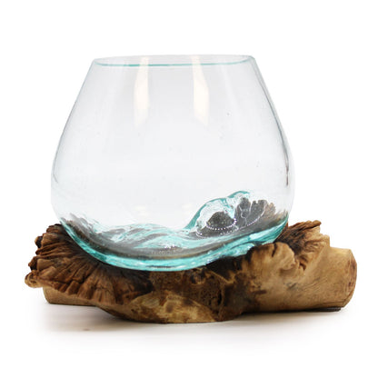 Molten Glass Bowl on Rare Parasite Wood | Handmade Balinese Art | 9x11cm | New
