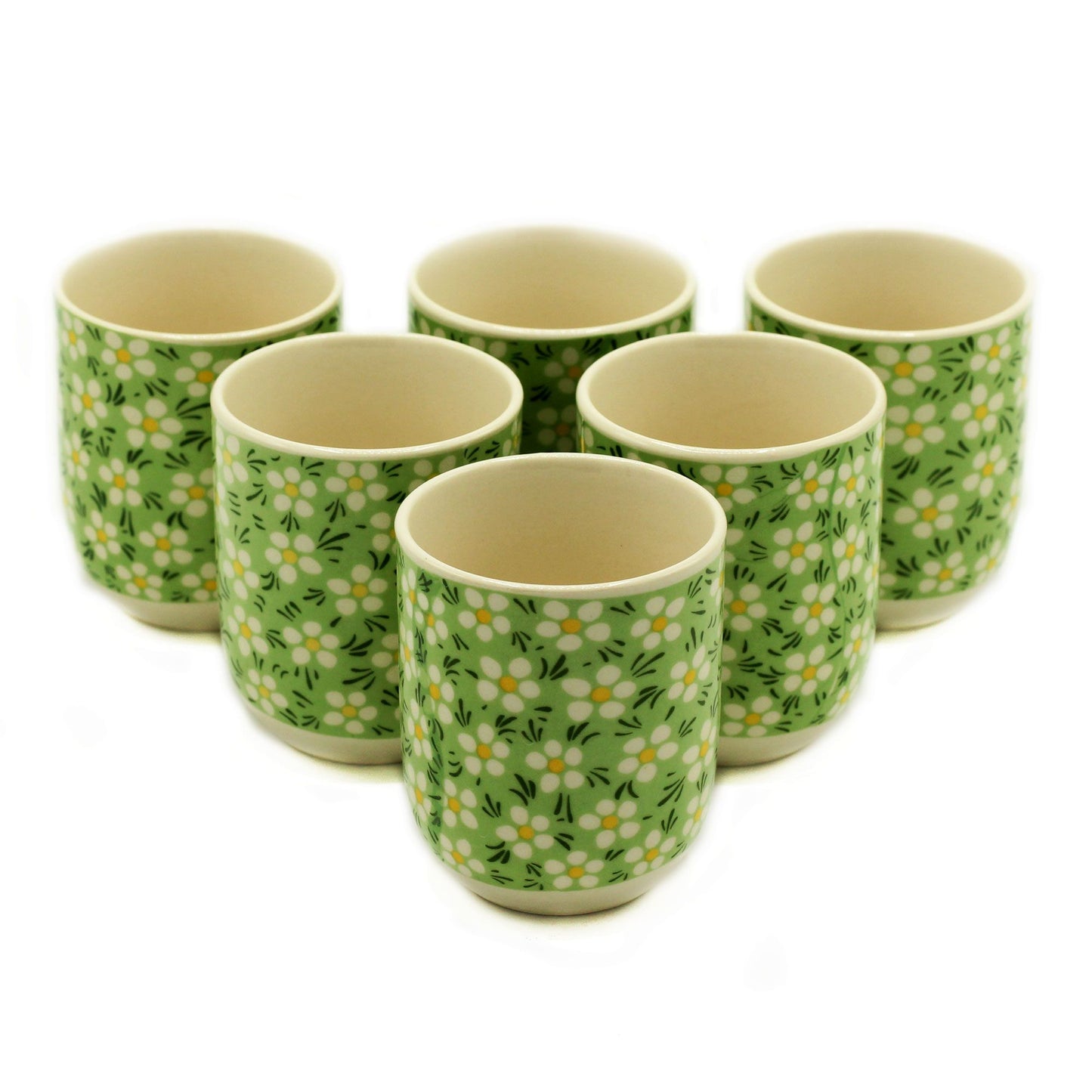 Green Daisy Ceramic Herbal Tea Cup Set of 6 | Artisan Style | Perfect Tea Lover Gift Set