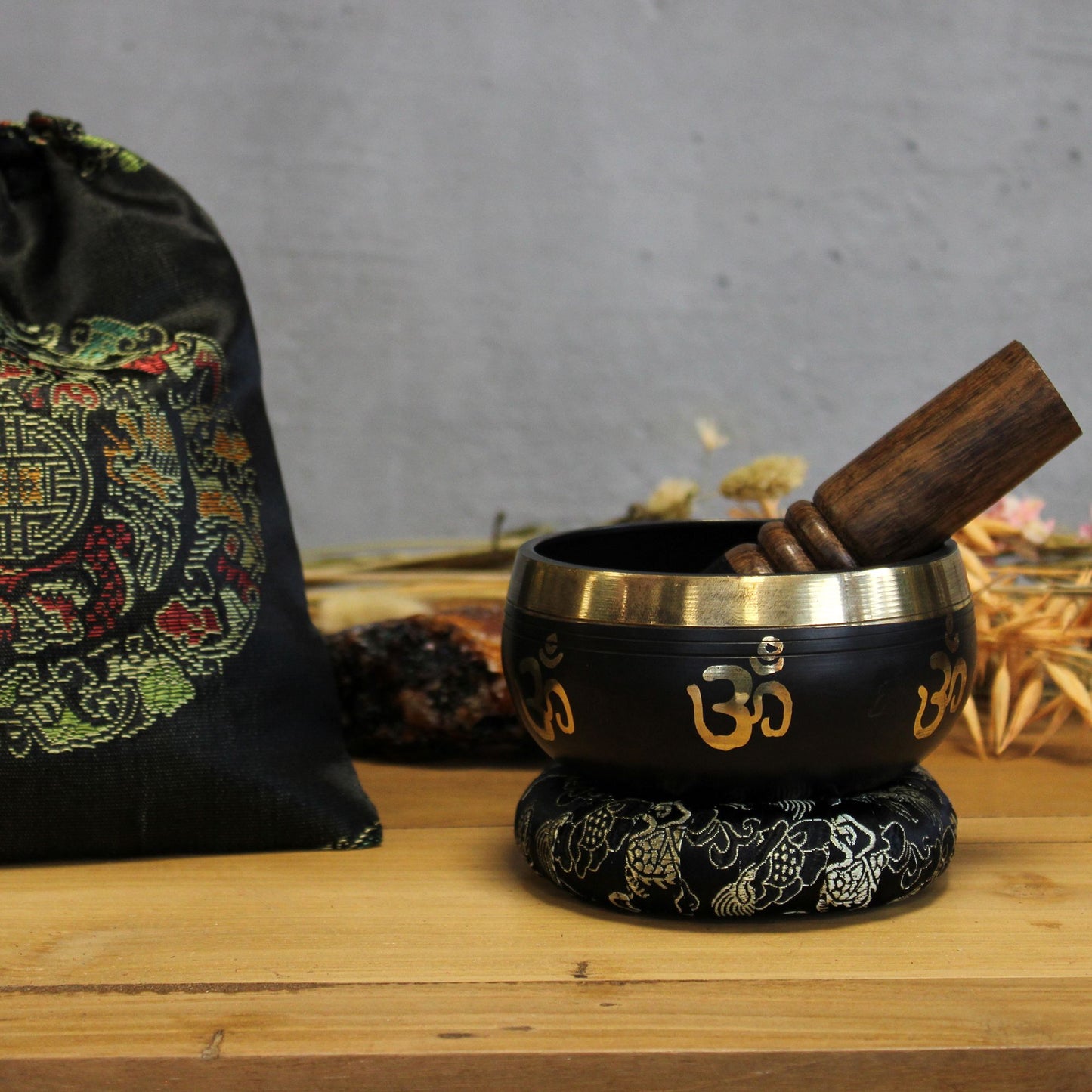 Yoga Om Singing Bowl Set | Engraved Brass | Mallet and Cushion | New