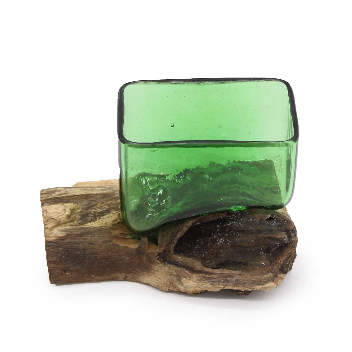 Recycled Beer Bottle Square Bowl on Driftwood | Handmade Recycled Glass | 14x14x10cm | New