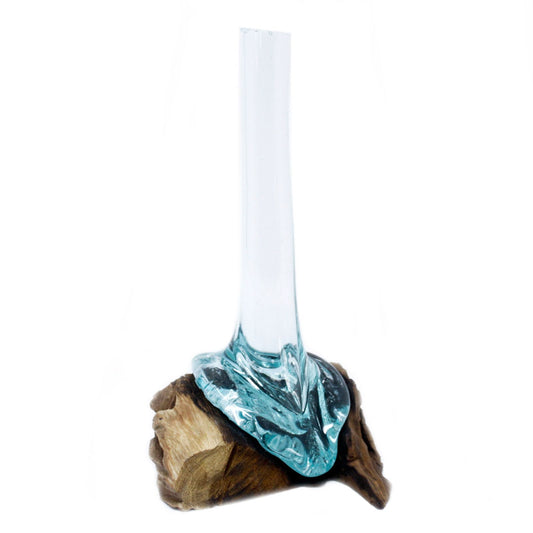 Molten Glass Vase on Driftwood | Handmade Balinese Art | 15.5x22x28cm | New