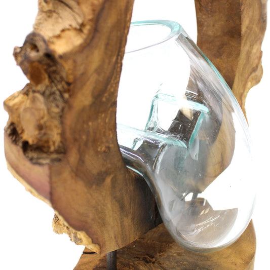 Molten Glass Hanging Art Vase on Driftwood | Handmade in Bali | 26x40x15cm | New