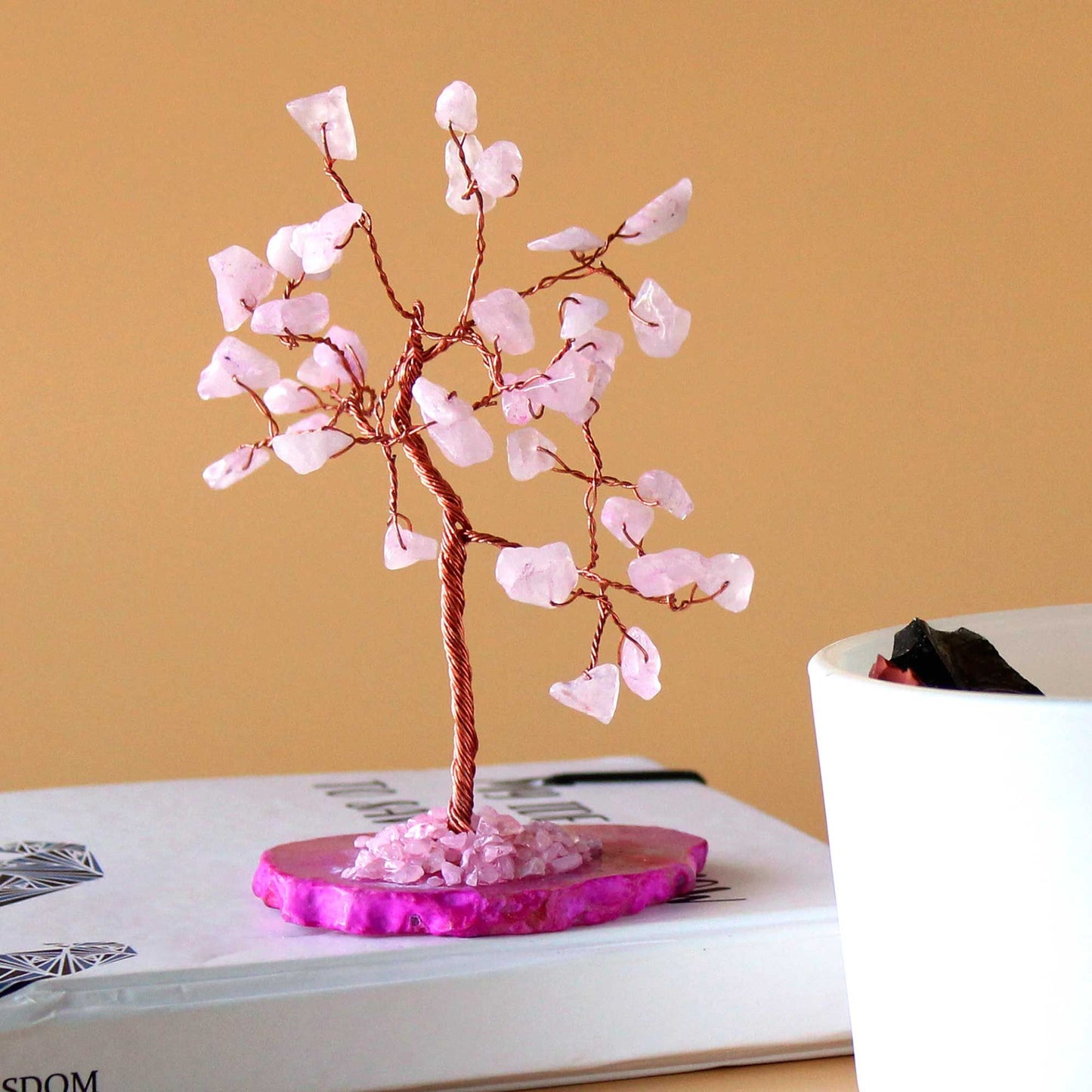 Rose Quartz Gemstone Tree on Pink Agate Base | 35 Stones | 7x4.5x10cm | New