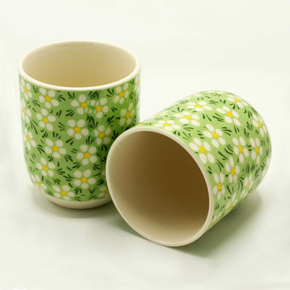 Green Daisy Ceramic Herbal Tea Cup Set of 6 | Artisan Style | Perfect Tea Lover Gift Set