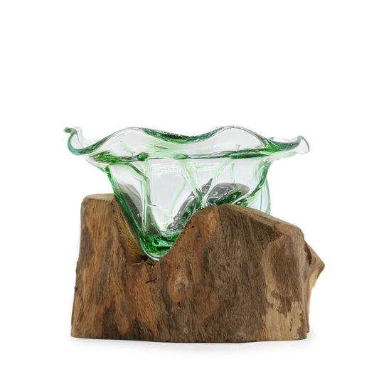 Recycled Beer Bottle Large Fancy Sweet Bowl on Driftwood | Handmade Recycled Glass | 17x14x19cm | New